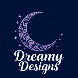 A logo design for 'Dreamy Designs', featuring a gracefully curved crescent moon adorned with artistic patterns, flanked by a scattering of sparkling stars