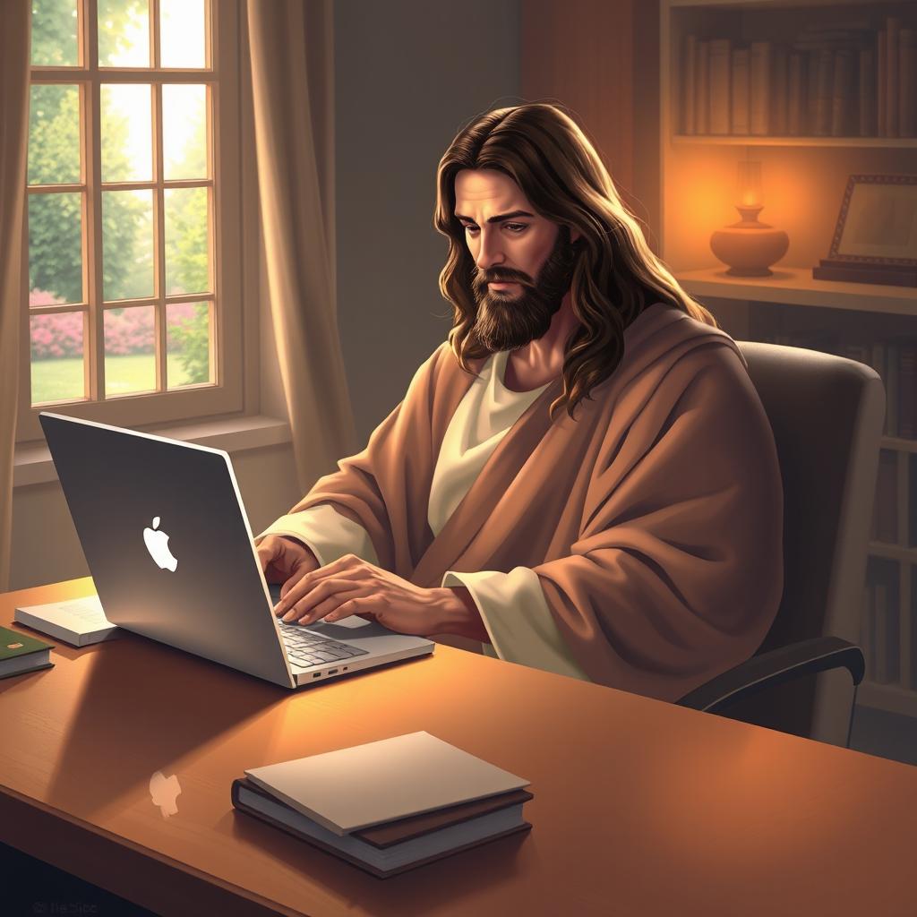 A serene depiction of Jesus Christ sitting casually at a desk, using a modern laptop