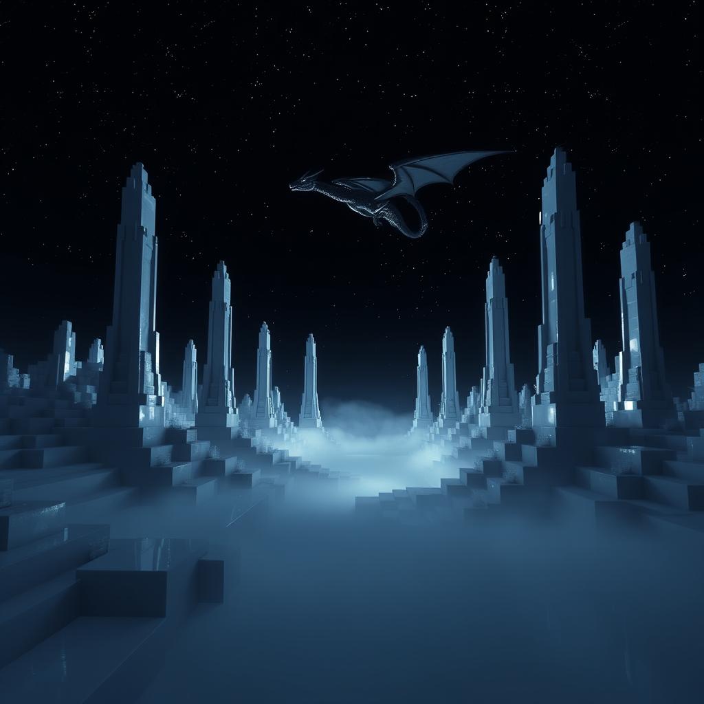 A dark yet captivating Minecraft dimension resembling porcelain, featuring the iconic Ender Dragon soaring majestically through the sky