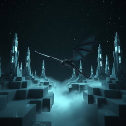 A dark yet captivating Minecraft dimension resembling porcelain, featuring the iconic Ender Dragon soaring majestically through the sky