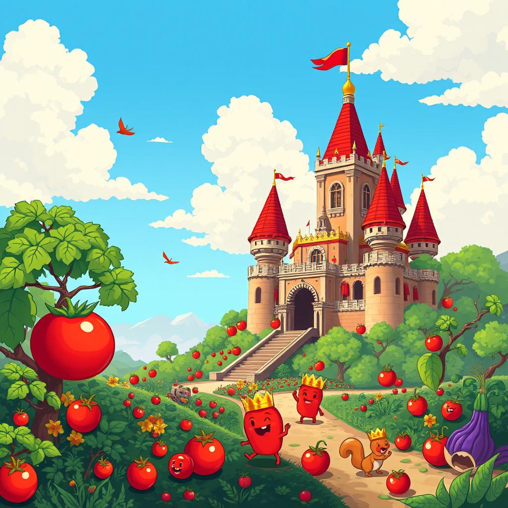 A vibrant and colorful pixel art scene depicting a whimsical Tomato Kingdom featuring a grand castle