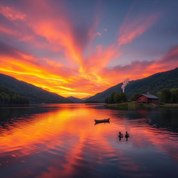 A majestic sunset over a serene lake surrounded by lush green mountains, with the sky painted in vibrant hues of orange, pink, and purple