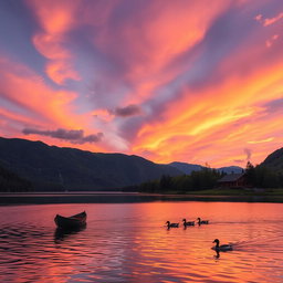 A majestic sunset over a serene lake surrounded by lush green mountains, with the sky painted in vibrant hues of orange, pink, and purple
