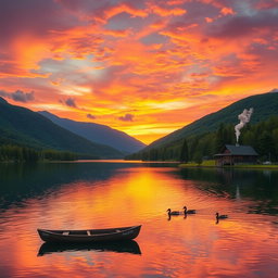 A majestic sunset over a serene lake surrounded by lush green mountains, with the sky painted in vibrant hues of orange, pink, and purple