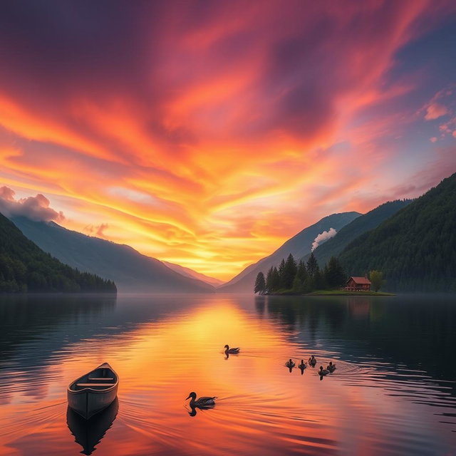 A majestic sunset over a serene lake surrounded by lush green mountains, with the sky painted in vibrant hues of orange, pink, and purple