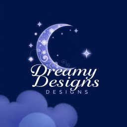 A logo design titled 'Dreamy Designs', featuring a stunning crescent moon adorned with delicate, swirling patterns and surrounded by vibrant, shimmering stars