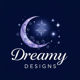 A logo design titled 'Dreamy Designs', featuring a stunning crescent moon adorned with delicate, swirling patterns and surrounded by vibrant, shimmering stars
