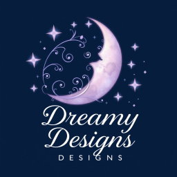 A logo design titled 'Dreamy Designs', featuring a stunning crescent moon adorned with delicate, swirling patterns and surrounded by vibrant, shimmering stars
