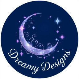 A logo design titled 'Dreamy Designs', featuring a stunning crescent moon adorned with delicate, swirling patterns and surrounded by vibrant, shimmering stars