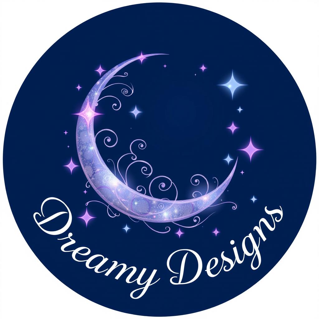 A logo design titled 'Dreamy Designs', featuring a stunning crescent moon adorned with delicate, swirling patterns and surrounded by vibrant, shimmering stars