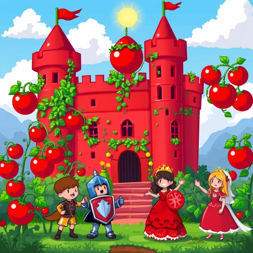 A colorful pixel art scene depicting a vibrant Tomato Kingdom, featuring a whimsical castle made of tomatoes and greenery