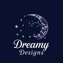 A logo design for 'Dreamy Designs', featuring a beautifully crafted crescent moon embellished with delicate, swirling patterns, accompanied by twinkling stars scattered around it