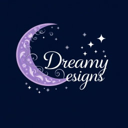 A logo design for 'Dreamy Designs', featuring a beautifully crafted crescent moon embellished with delicate, swirling patterns, accompanied by twinkling stars scattered around it