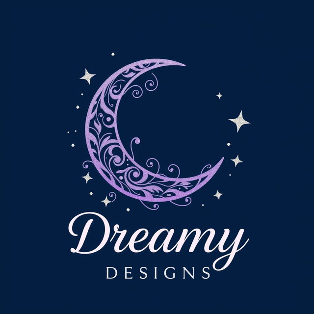 A logo design for 'Dreamy Designs', featuring a beautifully crafted crescent moon embellished with delicate, swirling patterns, accompanied by twinkling stars scattered around it