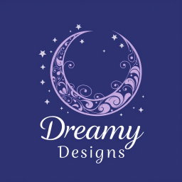 A logo design for 'Dreamy Designs', featuring a beautifully crafted crescent moon embellished with delicate, swirling patterns, accompanied by twinkling stars scattered around it