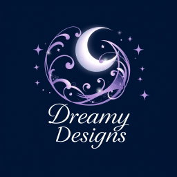 A logo design for 'Dreamy Designs', showcasing a beautifully stylized crescent moon intertwined with graceful swirling motifs and surrounded by shimmering stars