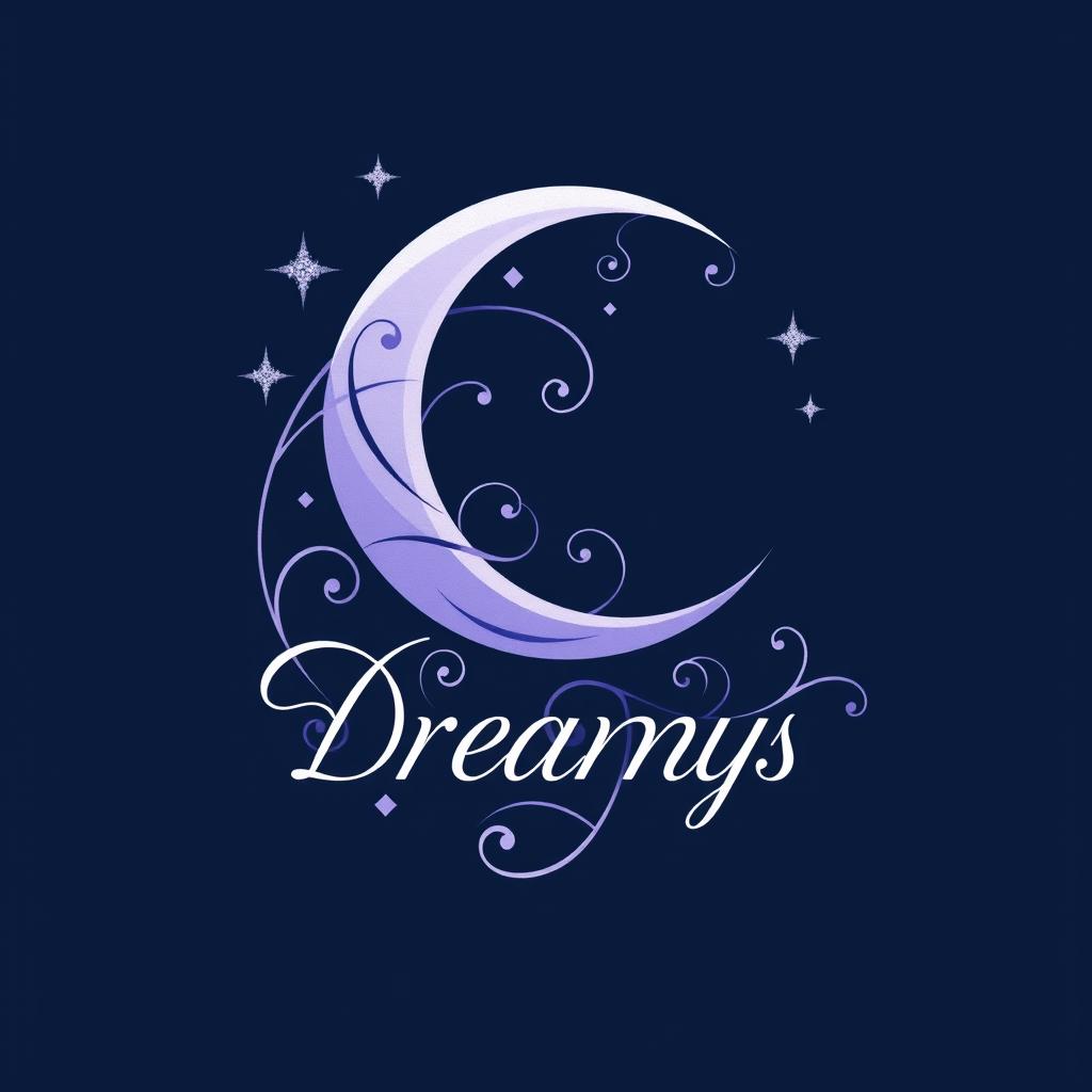 A logo design for 'Dreamy Designs', showcasing a beautifully stylized crescent moon intertwined with graceful swirling motifs and surrounded by shimmering stars