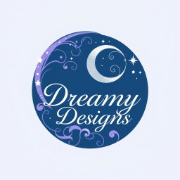 A logo design for 'Dreamy Designs', showcasing a beautifully stylized crescent moon intertwined with graceful swirling motifs and surrounded by shimmering stars