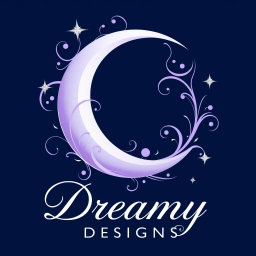 A logo design for 'Dreamy Designs', showcasing a beautifully stylized crescent moon intertwined with graceful swirling motifs and surrounded by shimmering stars