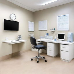 A well-lit, professional doctor's consulting room, complete with a clean white desk, comfortable chairs, medical charts on the wall, a stethoscope, and a computer.