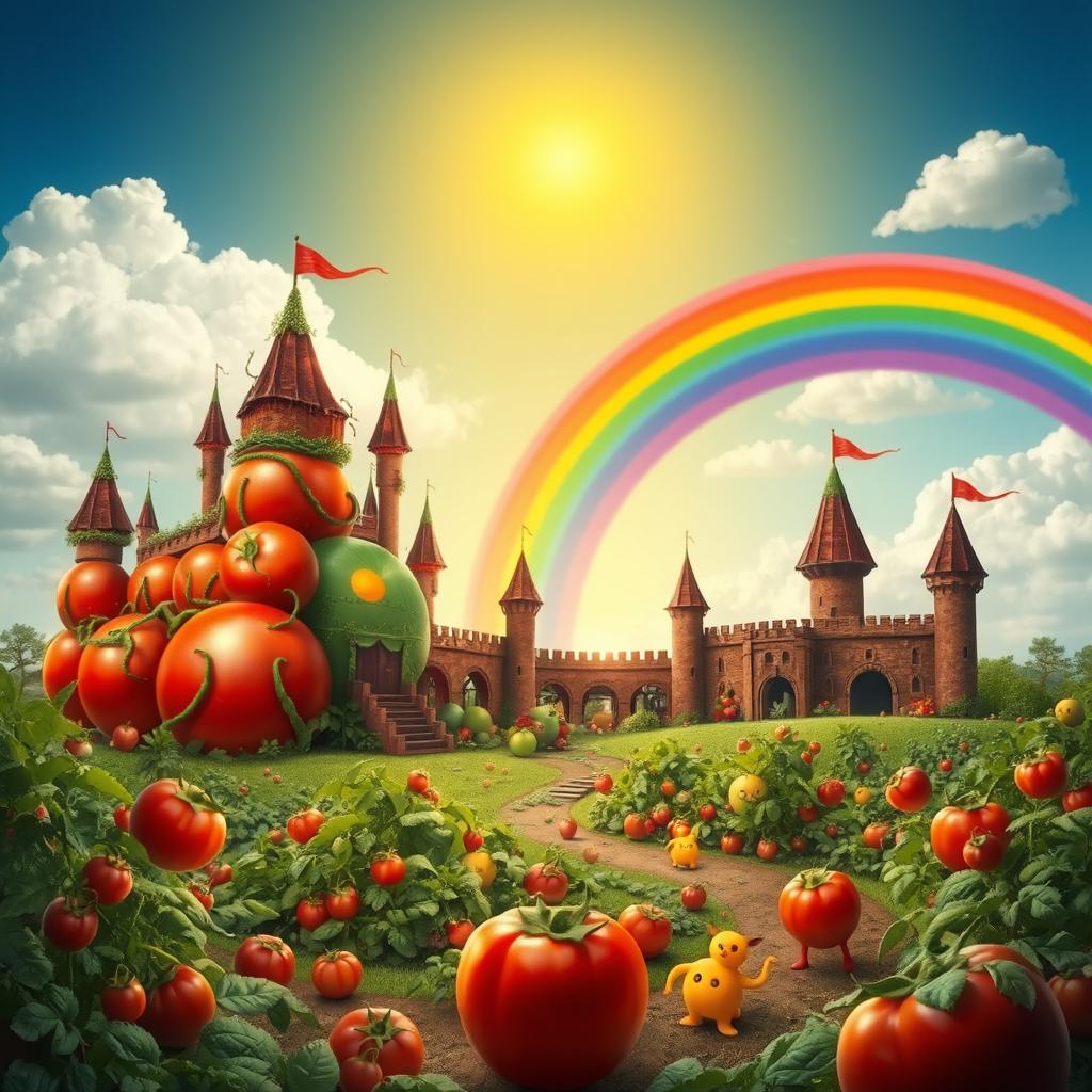 A whimsical scene in a fantastical Tomato Kingdom, featuring a large, majestic castle made entirely of red and green tomatoes, with intricate details like vine decorations and leafy turrets