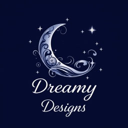 A captivating logo for 'Dreamy Designs', integrating a beautifully detailed crescent moon that is artistically embellished with swirling patterns, accompanied by a scattering of sparkling stars