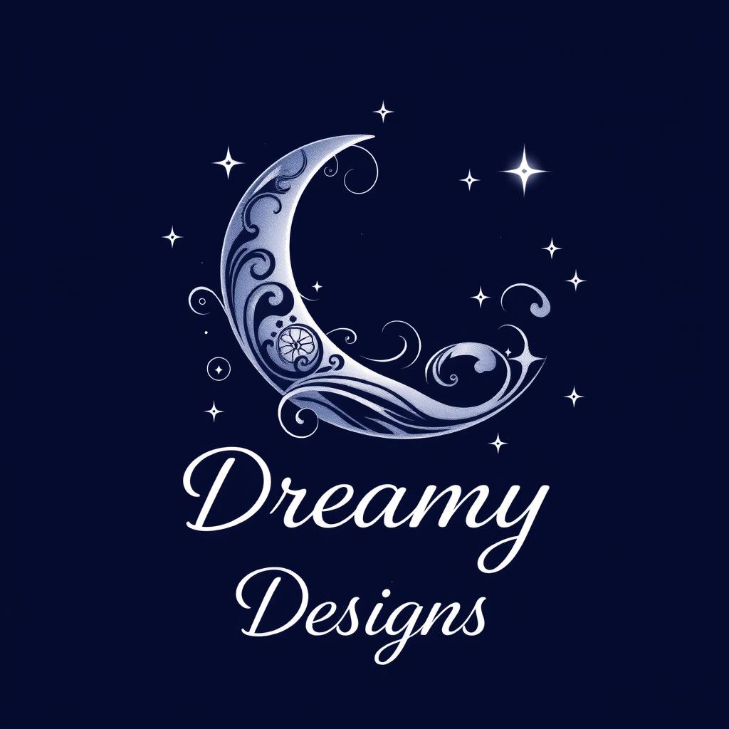A captivating logo for 'Dreamy Designs', integrating a beautifully detailed crescent moon that is artistically embellished with swirling patterns, accompanied by a scattering of sparkling stars