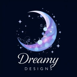 A captivating logo for 'Dreamy Designs', integrating a beautifully detailed crescent moon that is artistically embellished with swirling patterns, accompanied by a scattering of sparkling stars
