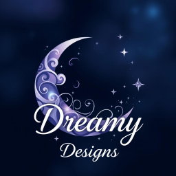 A captivating logo for 'Dreamy Designs', integrating a beautifully detailed crescent moon that is artistically embellished with swirling patterns, accompanied by a scattering of sparkling stars