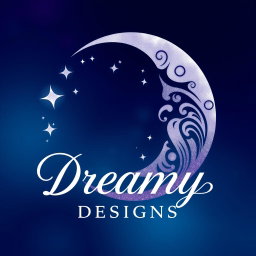 A captivating logo for 'Dreamy Designs', integrating a beautifully detailed crescent moon that is artistically embellished with swirling patterns, accompanied by a scattering of sparkling stars