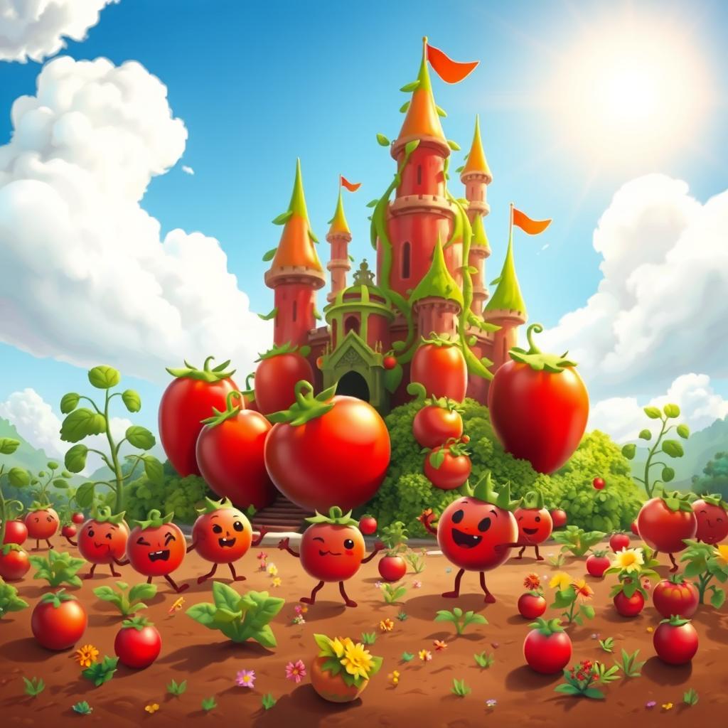 A whimsical and vibrant landscape of a Tomato Kingdom featuring a grand castle made of red and green tomatoes, surrounded by lush tomato plants