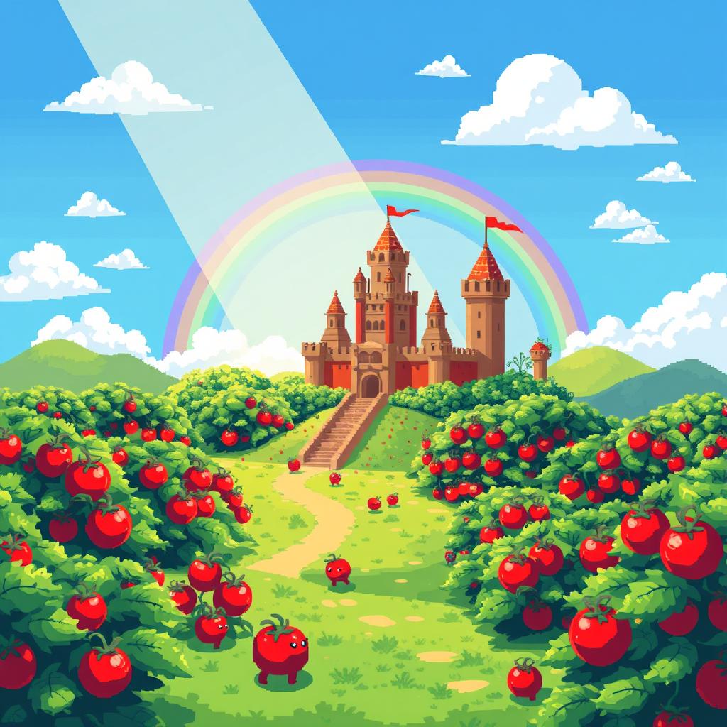 A vibrant pixel art scene depicting a whimsical world known as the 'Tomato Kingdom'