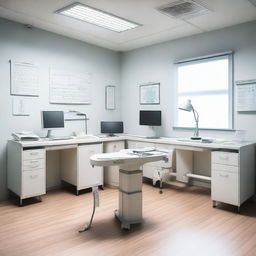 A well-lit, professional doctor's consulting room, complete with a clean white desk, comfortable chairs, medical charts on the wall, a stethoscope, and a computer.