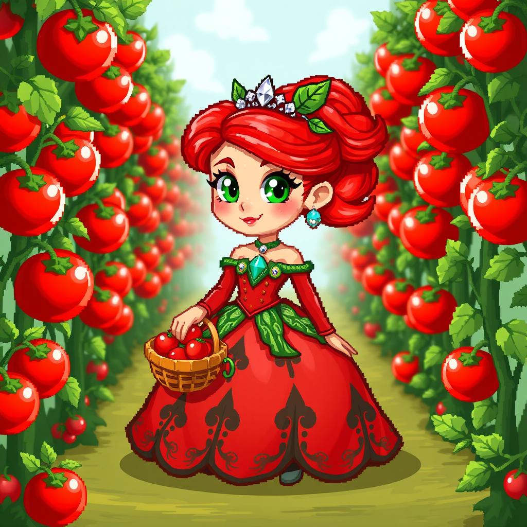 A vibrant 2D pixel art character design of the Princess of the Tomato Kingdom