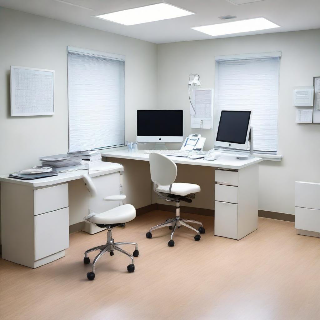 A well-lit, professional doctor's consulting room, complete with a clean white desk, comfortable chairs, medical charts on the wall, a stethoscope, and a computer.