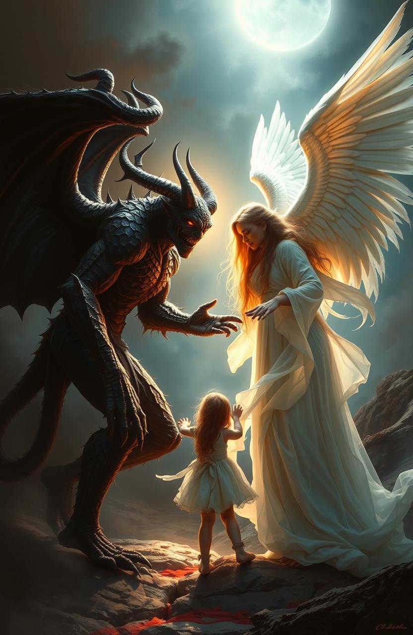 A powerful scene depicting an angel and a demon in a dramatic confrontation, caught in a moment of redemption involving a human girl