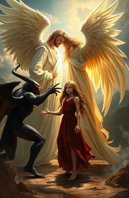 A powerful scene depicting an angel and a demon in a dramatic confrontation, caught in a moment of redemption involving a human girl