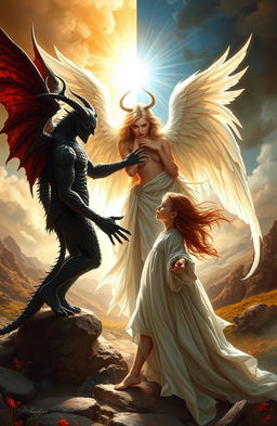 A powerful scene depicting an angel and a demon in a dramatic confrontation, caught in a moment of redemption involving a human girl