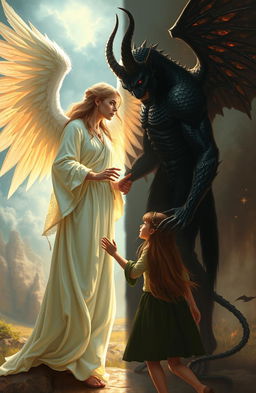 A powerful scene depicting an angel and a demon in a dramatic confrontation, caught in a moment of redemption involving a human girl