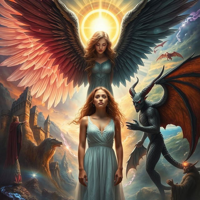 A captivating scene illustrating an angel and a demon engaged in a moment of redemption with a human woman, set against a backdrop of multidimensional life and realities