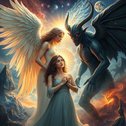 A captivating scene illustrating an angel and a demon engaged in a moment of redemption with a human woman, set against a backdrop of multidimensional life and realities