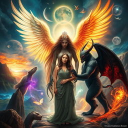 A captivating scene illustrating an angel and a demon engaged in a moment of redemption with a human woman, set against a backdrop of multidimensional life and realities