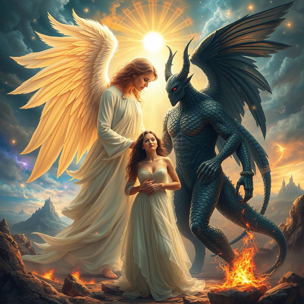 A captivating scene illustrating an angel and a demon engaged in a moment of redemption with a human woman, set against a backdrop of multidimensional life and realities