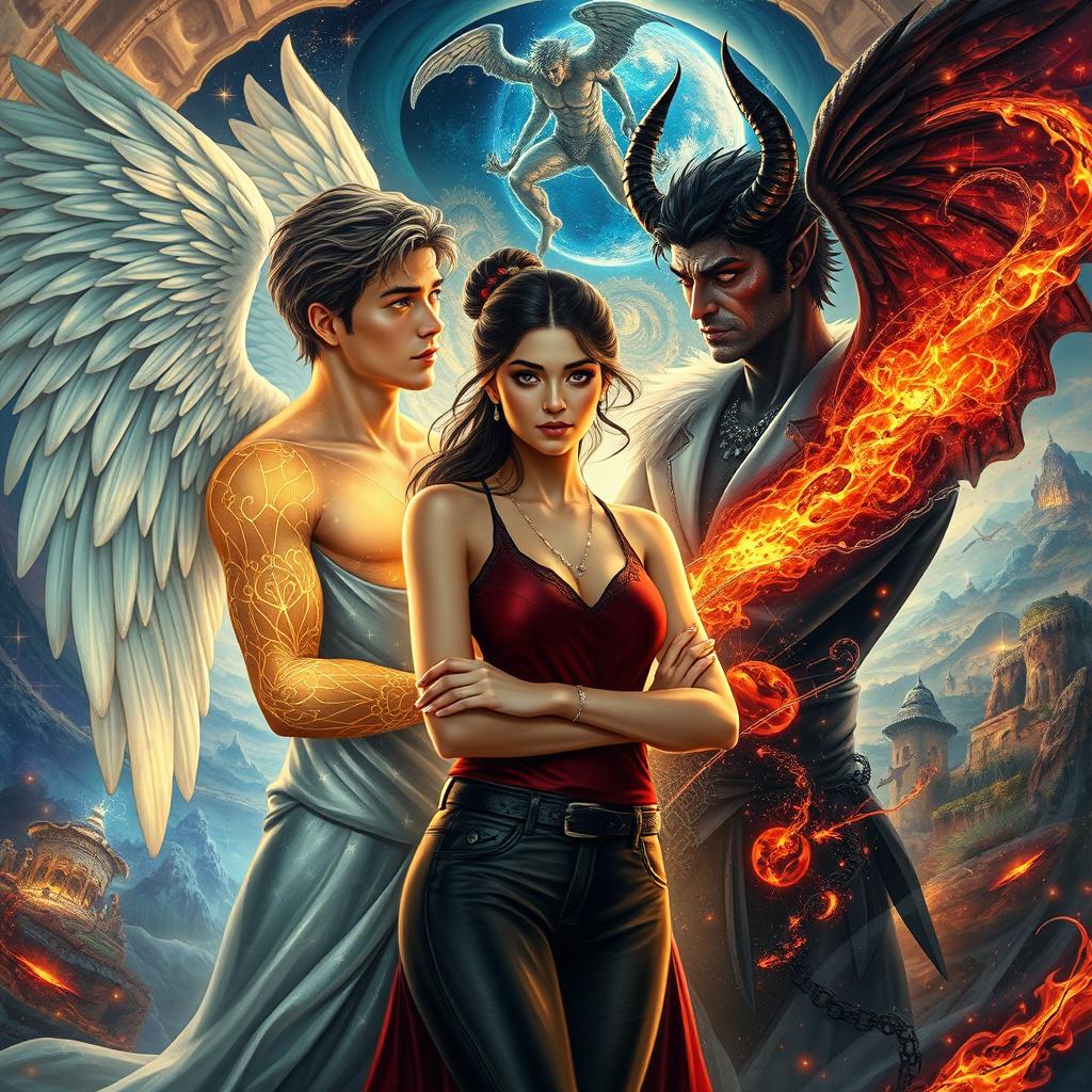 An intricate scene showcasing an angel and a demon in human forms, engaging in a heartfelt moment of redemption with a human woman