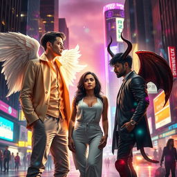 An evocative scene set in a vibrant city, featuring an angel and a demon in human forms, each showcasing their unique traits while engaging in a transformative moment of love and redemption with a human woman