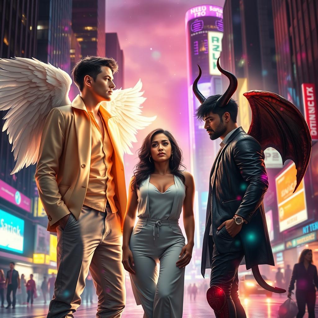 An evocative scene set in a vibrant city, featuring an angel and a demon in human forms, each showcasing their unique traits while engaging in a transformative moment of love and redemption with a human woman