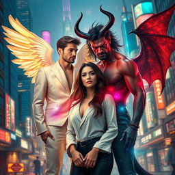 An evocative scene set in a vibrant city, featuring an angel and a demon in human forms, each showcasing their unique traits while engaging in a transformative moment of love and redemption with a human woman