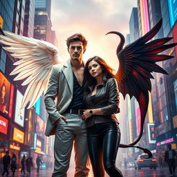 An evocative scene set in a vibrant city, featuring an angel and a demon in human forms, each showcasing their unique traits while engaging in a transformative moment of love and redemption with a human woman