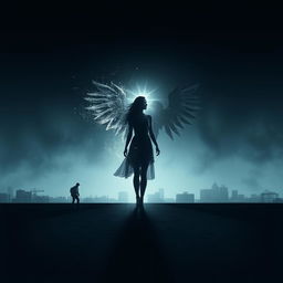 A dark, ethereal book cover design for a metaphysical novel, featuring a striking silhouette of a woman standing at a cosmic crossroads