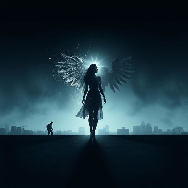 A dark, ethereal book cover design for a metaphysical novel, featuring a striking silhouette of a woman standing at a cosmic crossroads